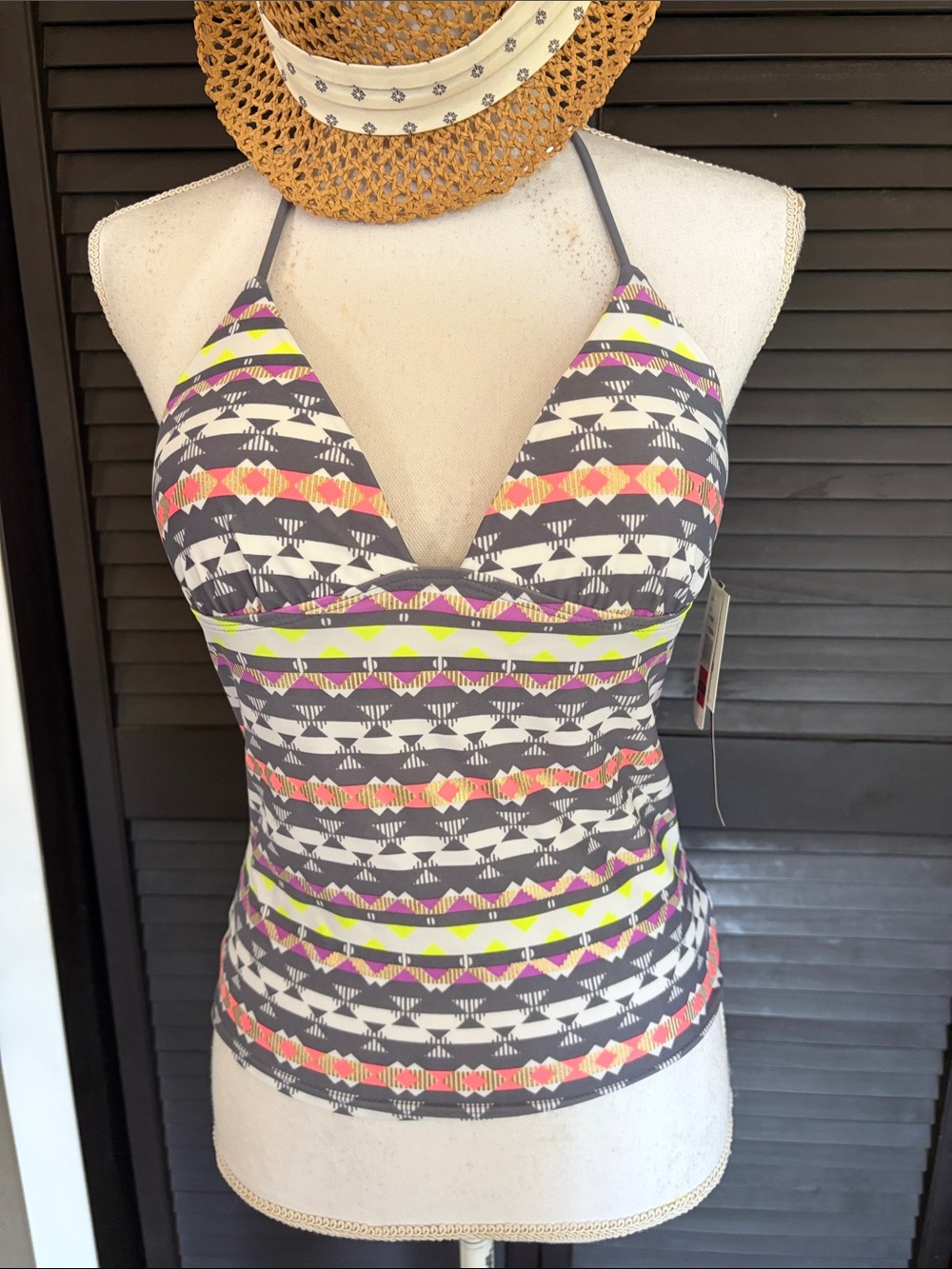Hot Water Gray Tribal Print Tankini Top with Pink and Neon Yellow Accents